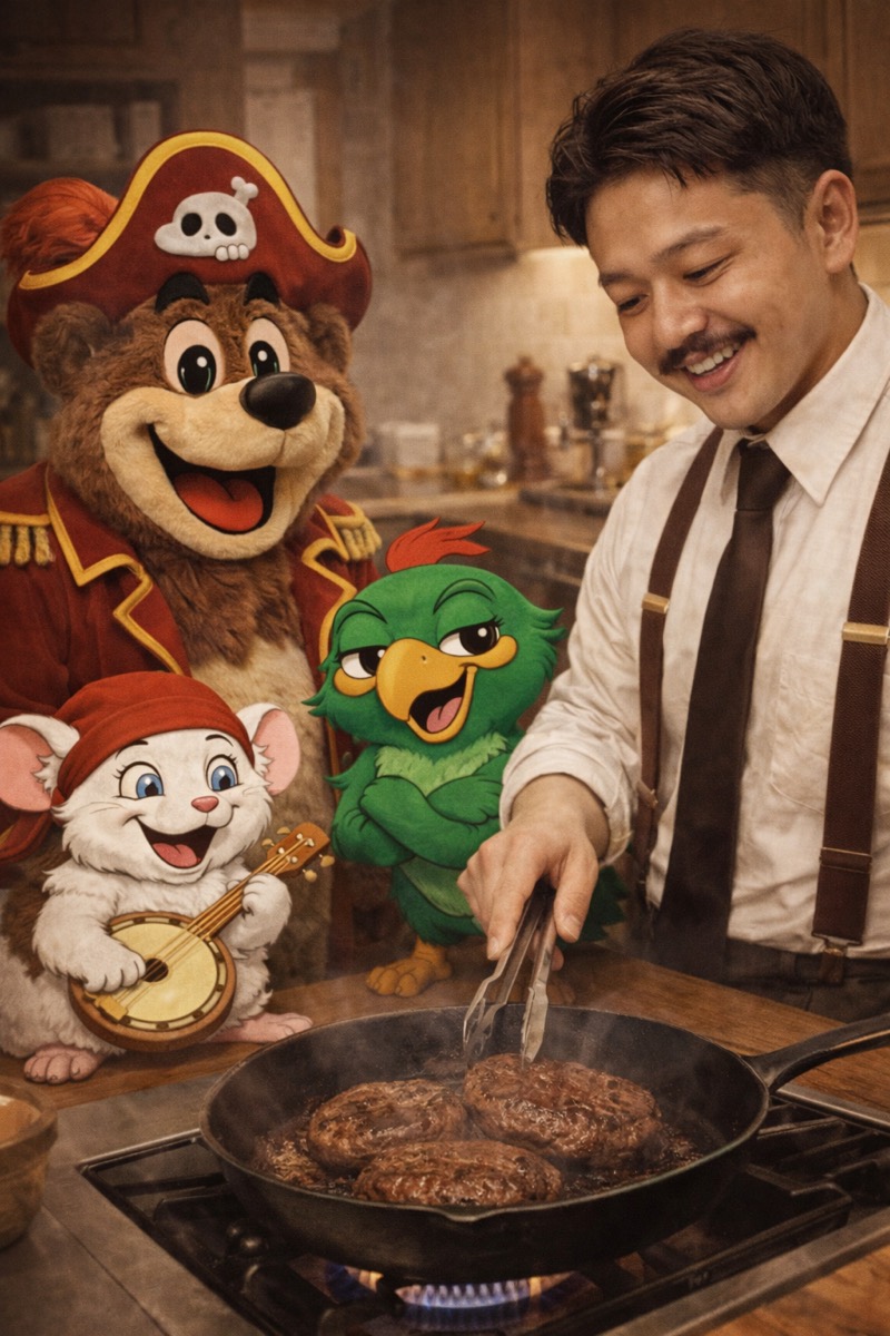 ハンバーグを焼くフルハタと、それを見守るキャラクターたち